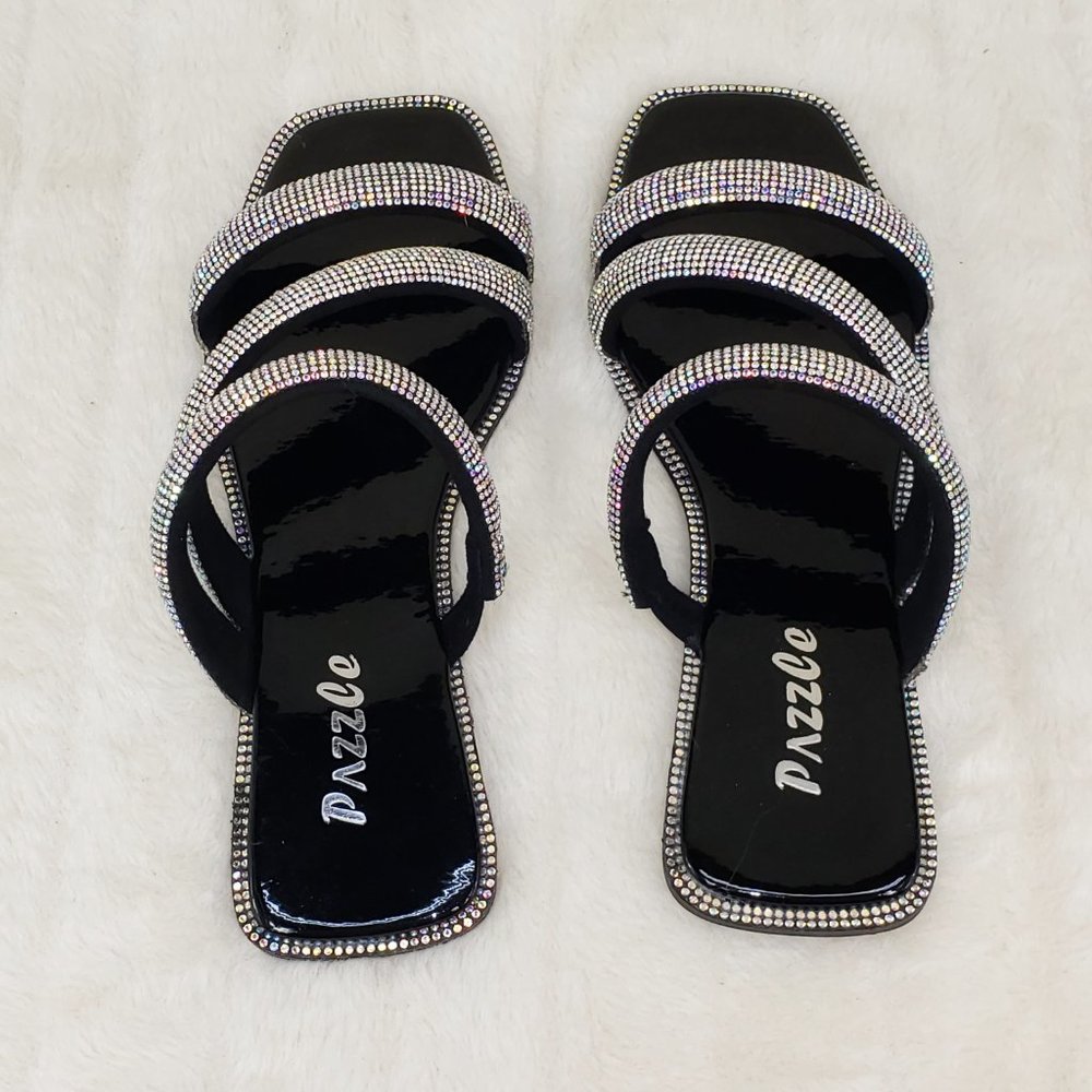 Padded Triple Strap Slip On Sparkly Rhinestone Square Open Toe Sandals_4